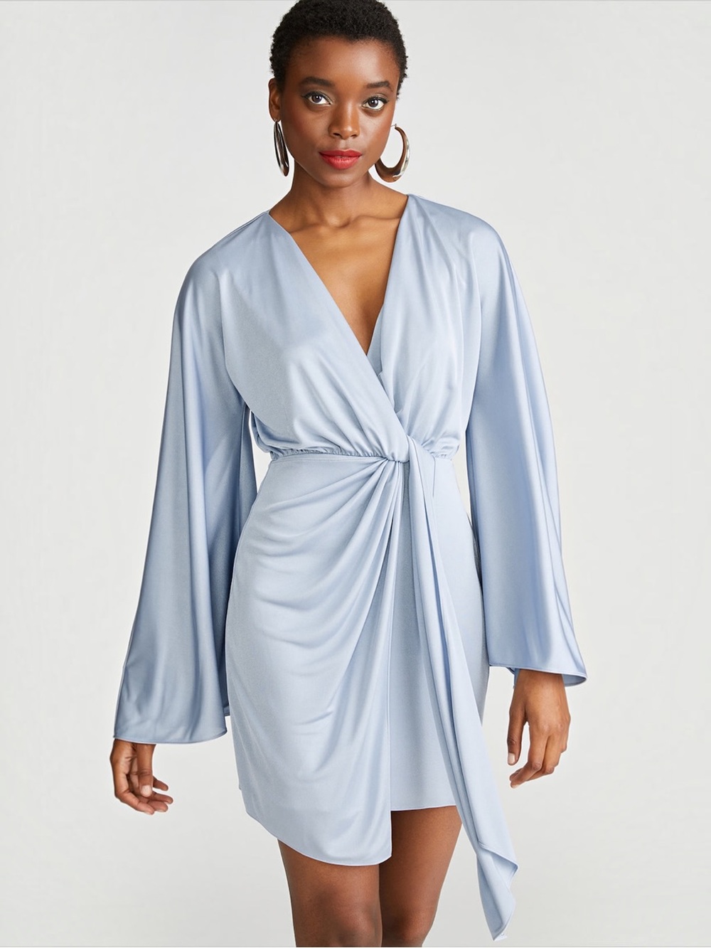 Halston kiko dress in shale blue, featuring a striking glossy jersey finish
